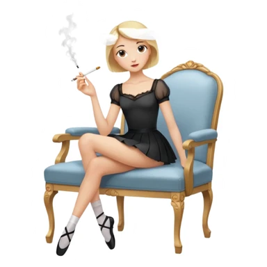 blonde, short-haired ballerina in a white English blouse, experienced with a sly look, has put her long legs on a chair in front of her, has a knee-length skirt, smokes sticker