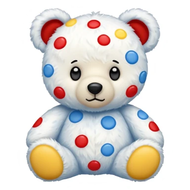 White teddy bear covered with blue, red and yellow spots sticker