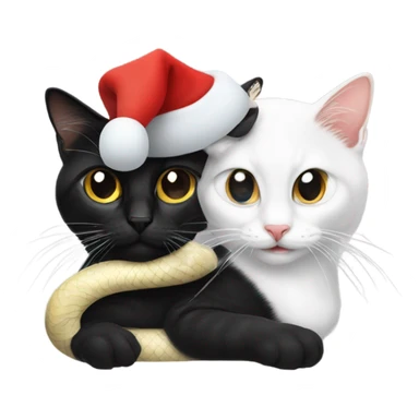 snake on a black and white cat, both wearing santa hats sticker