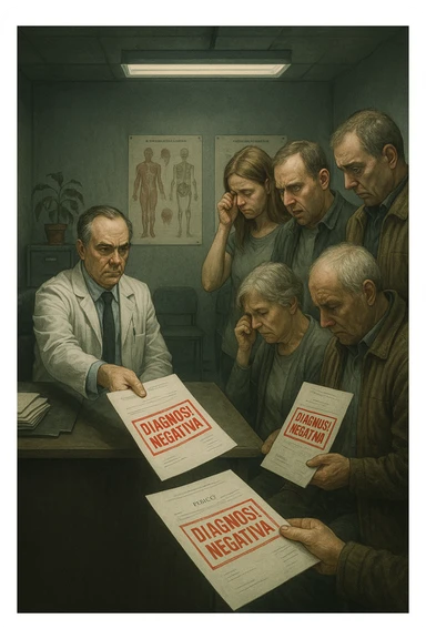 A realistic, cinematic illustration set in a dull, grey-toned medical office. A middle-aged male doctor in a white coat with a stern, cold expression is seated at his desk, handing out medical reports with large red ‘Negative Diagnosis’ stamps to each patient in line. The patients, of various ages and appearances, stand in a line, each looking increasingly sad, defeated, and demoralized as they receive their papers, with slumped shoulders and empty gazes. One young woman wipes away a tear, while a man stares at the paper in shock. The background shows medical posters, a faded plant, and harsh fluorescent lighting, emphasizing the cold, mechanical environment. The mood is heavy, illustrating how negative diagnoses delivered without empatia can deeply affect the mental health and morale of patients. The style is realistic, with subtle filmic grain, emphasizing emotional impact and the weight of medical words on people’s lives. in italiano sticker