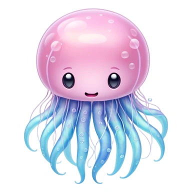 Cinematic floating kawaii jellyfish, tiny round body, soft glowing tentacles, pastel pink and blue hues, delicate sparkling highlights, dreamy and adorable. sticker