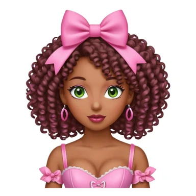 black woman with green eyes, curly hair, pink bow, pink corset, winking sticker