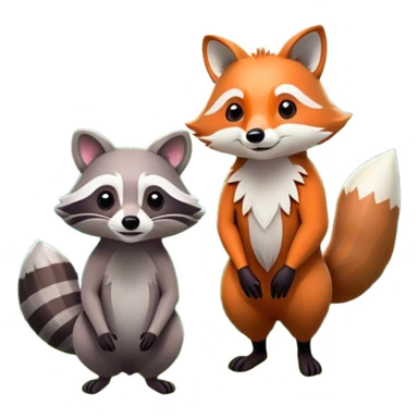 Collage of a raccoon and a fox, in close-up, set in a beautiful forest with tall trees, green bushes, and sunlight filtering through the leaves and flowers. A vibrant, wild atmosphere with a transparent background. sticker