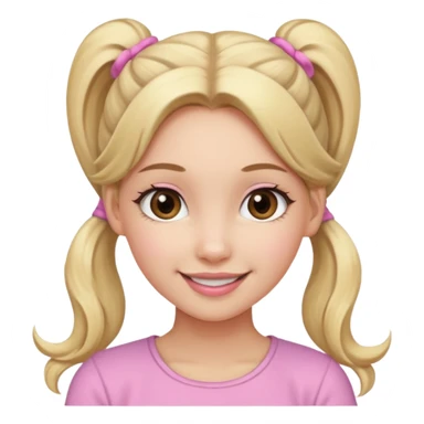 a cute woman is smiling, her hair is long, blonde and two ponytails, her eyes color are brown and the color of her lip is soft pink sticker