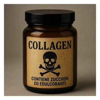 realistic collagen jar seen as poison, Italian label 'Contiene zuccheri ed edulcoranti', toxic symbol, threatening atmosphere, neutral background sticker
