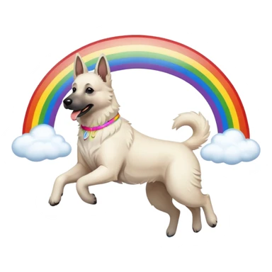 White belgian Shepard jumping over Rain puddles. There is a rainbow in the sky sticker