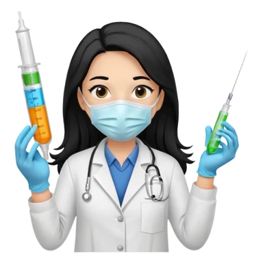 laboratorista con guantes  y mascarilla e insumos laboratorio  jeringa tubos  pelo negro largo triguella sticker