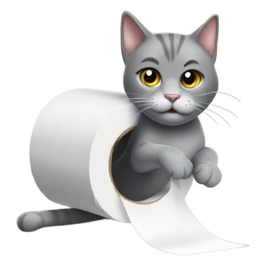 grey cat playing with roll of toilet paper sticker