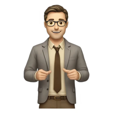 To belt Actively gesturing with hands Pale skinned fit man teacher with dark brown hair in gray jacket, beige office shirt, brown tie, brown pants and vintage glasses. sticker