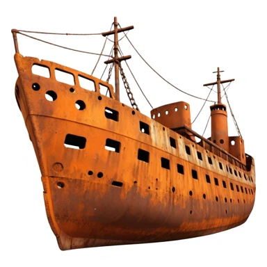 rusted ship wreck, heavily corroded metal hull, orange-brown rust textures, abandoned old ship, weathered surface, dramatic lighting, cinematic atmosphere, 3D cartoon style, mobile game environment art, clean composition, no people, no text, no watermark
 sticker