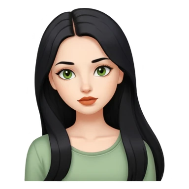 european girl with long black hair, long eyelashes, terracotta lips, light green top sticker