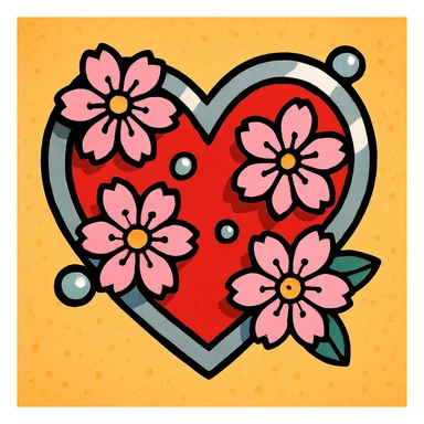 heart with sakura flowers and silver accents, vibrant toon style sticker