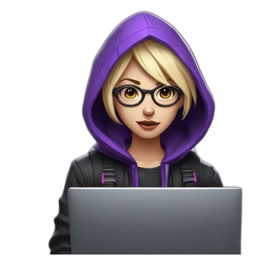 Girl blond developer with round glasses left side behind his laptop with this style: Valorant Riot Game purple character purple black hooded hacker  sticker