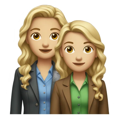 Two girls sitting: one with brown eyes, straight brown hair, fair skin, wearing a dress and boots, and the other with shoulder-length, curly blonde hair, blue eyes, a green blazer, and a white t-shirt. sticker