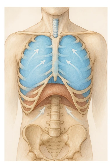 A realistic, high-quality anatomical illustration showing a human torso with visible rib cage and diaphragm. The ribs are shown in a decompressed, expanded state, allowing full lung expansion, while the diaphragm is depicted as relaxed and lowered, indicating deep, efficient breathing. Soft blue and warm tones highlight airflow and lung capacity, with light arrows illustrating the air movement during diaphragmatic breathing. The image conveys a sense of calm, openness, and optimal breathing mechanics, useful for physiotherapy, breathing education, and osteopathic learning contexts sticker