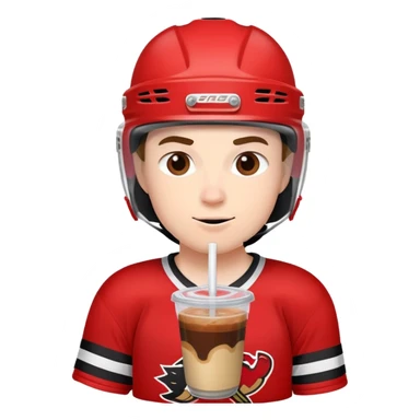 Hockey player in red and black wearing a helmet drinking an iced coffee  sticker
