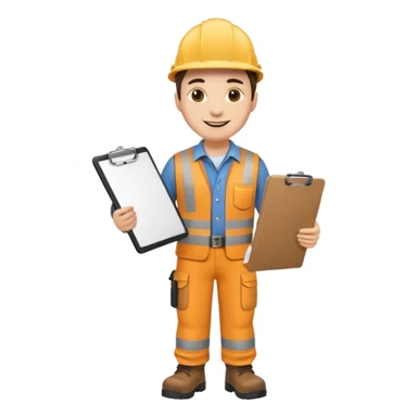 engineer standing with safety boots, holding a clipboard sticker