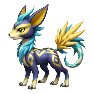 Shiny colorful exotic Feral Scaly Striking Slaying Badass Evil Handsome Lightning-patterned Zig-zagged buzzy fuzzy Meloetta-Renamon-Luxray-Cobalion-Suicune-Vernid-fusion-hybrid-creature, full body  sticker