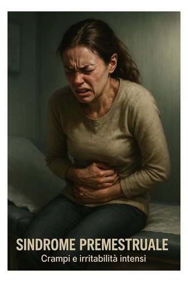 realistic and cinematic illustration of a woman suffering from severe cramps and irritability due to premenstrual syndrome, painful expression, contracted posture, clinical atmosphere, dramatic lighting, realistic details, Italian captions, vertical 2:3 format sticker