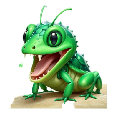 Cinematic Cute Yawning Green Bugdie Portrait Emoji, Head tilted slightly with a dramatic, wide-open yawn, showcasing a smooth, vibrant emerald exoskeleton with delicate patterns and tiny drooping antennae, round multifaceted eyes barely open in drowsy contentment, Simplified yet irresistibly adorable features, highly detailed, glowing with a soft, cozy glow, high shine, relaxed yet expressive, stylized with a touch of whimsy, bright and endearing, soft glowing outline, capturing the essence of a sleepy yet endearing insect, so drowsy it feels like it could stretch out of the screen and curl up for a nap! sticker