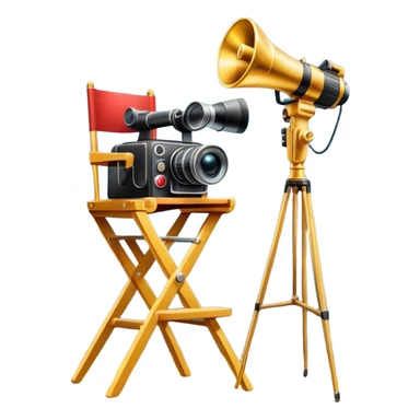 Icon for Directing: a director's chair, a large film camera, a megaphone, a stage set with lights and an Oscar statuette. The icon should represent the creative and leadership aspects of directing, with focus on film and theater production. Transparent background. sticker