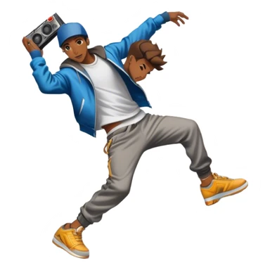 Icon for Street Dance: a dancer in urban streetwear performing a dynamic lower breakdance move, with a spray-painted background and a boombox on the asphalt. The icon should capture the energy, style, and creativity of street dance culture. Transparent background. sticker