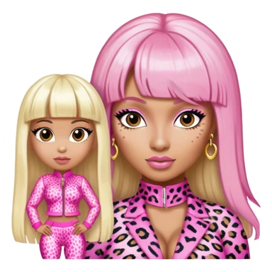 Nicki Minaj in pink and white leopard print outfit with half blonde half pink hair, blonde on left side, pink on right side, with bangs sticker
