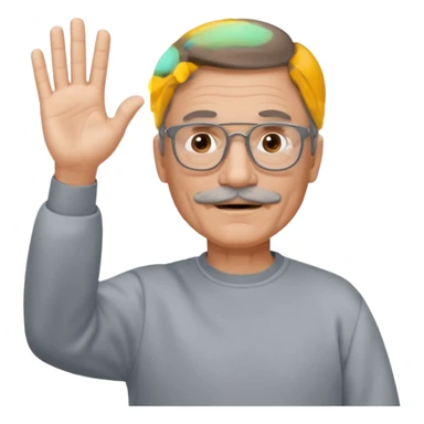 60 yr man partial brown hair parted in center, gray mustache, light glasses, sweatshirt waving hello sticker
