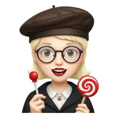 Vampire with lollipop, beret and glasses, teeth looks like vampire sticker