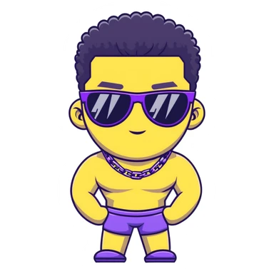 shirtless male athlete with white skin and moderately curly black hair on top with shaved sides, wearing purple sunglasses with black tinted lenses and a plain black chain necklace without pendant sticker