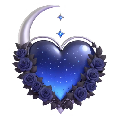 gothic heart, midnight blue glass, silver crescent moon, tiny black roses, shimmering stardust, rain-soaked look sticker