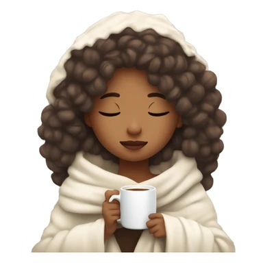 Cozy aesthetic girl wrapped in a white blanket holding a cup of coffe, eyes closed  sticker