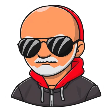 middle-aged man with minor hair growth on upper lip, black aviator sunglasses, red hoodie with hood covering head sticker