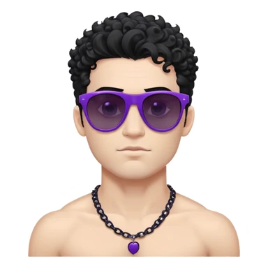 shirtless male athlete with white skin and moderately curly black hair on top with shaved sides, wearing purple sunglasses with very dark heavily tinted black lenses, and a simple plain black chain necklace, no earrings or other jewelry sticker