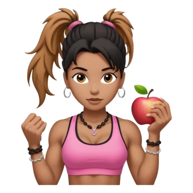 Caramel skinned toned female with a black messy ponytail for hair. Her eyes are a coffee color brown and almond shaped. She’s wearing a pink sports bra and showing off her big muscular toned biceps. She’s not holding anything in her hands but she wears a rosary necklace and an Apple Watch. sticker