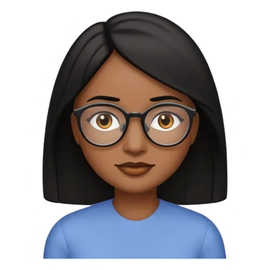 A woman emoji with medium-dark skin, straight shoulder-length black hair parted to the side, an oval-shaped face, arched dark eyebrows, large brown eyes with glasses, a small nose, and natural-toned lips. sticker