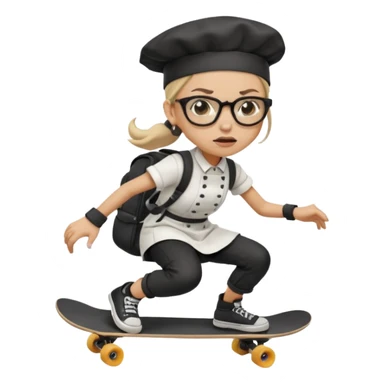 ["An angry woman with light skin, ponytail, wearing a chef hat and square glasses, dressed in goth fashion, is skateboarding while holding a backpack."] sticker