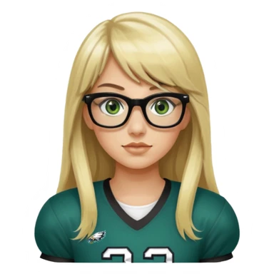 long blonde hair with bangs black rectangle glasses female green eyes football player wearing eagles jersey number 33 holding football sticker
