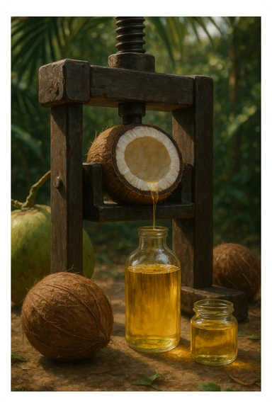 realistic and cinematic vertical 2:3 illustration showing the process of coconut oil extraction for organic product. Depict fresh coconuts, manual or mechanical pressing phase, and pure oil being collected. Natural atmosphere, realistic details, no text. sticker
