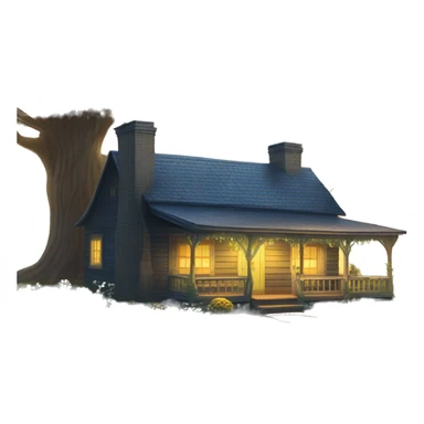  very very big Cabin near a big tree.  Thick moss growing on the roofs. grass fields. porch lights turned off. bright white interior lights turned off. guests sitting in chairs on the porch, flowers and bushes are yellow and blue. sticker