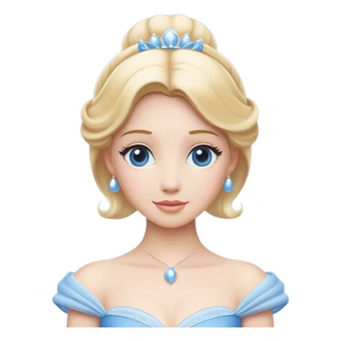 Cinematic Elegant Cinderella Portrait Emoji, rendered in a flat, vector-style with minimal shading and bold, simplified shapes. Depict Cinderella in her classic ball gown (chest and above) with fair, porcelain skin and elegantly styled blonde hair, her eyes soft and kind, and her expression serene and graceful. The design glows with a gentle, enchanting radiance and high shine, capturing the timeless beauty of a fairy tale princess. sticker