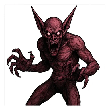 scary pink devil with long pointed ears, glowing eyes, clawed hands, in a frightening pose sticker