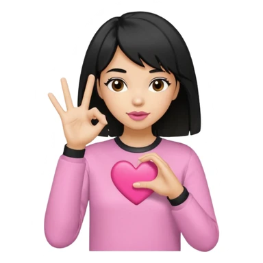 Black shaggy hair cut with blonde chunky highlights wearing pink lipgloss and a grey shirt doing a heart hand pose 🫶 sticker