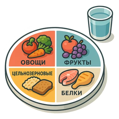 Harvard plate divided into 4 sectors with labels in Russian: 'Овощи', 'Фрукты', 'Цельнозерновые', 'Белки', with a separate icon of a glass of water on the side. Plate with shadows and highlights, volumetric, modern infographic, transparent background. sticker