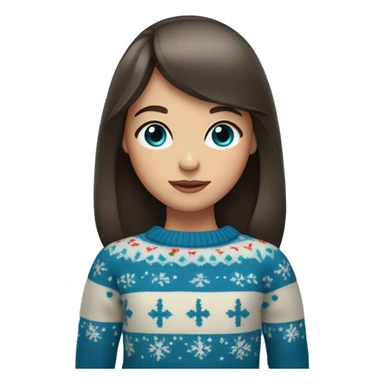 A girl with bangs of dark brown hair and blue eyes in a Christmas sweater sticker