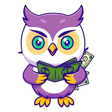 cute owl character symbolizing wealth luck, large green eyes, sparkling golden feathers, holding a money pouch in its feet, pastel tones, charming sticker style sticker