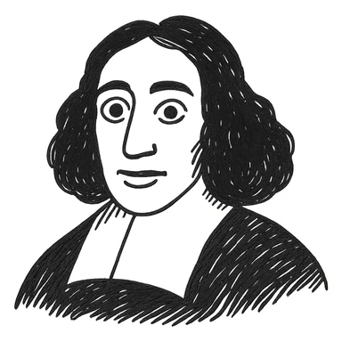 Keep the Spinoza black outline icon as in the second, more detailed version, but adjust the pupils so they are even and natural. Maintain the detailed, hand-drawn style, long curly hair, and 17th-century collar with transparent background. sticker