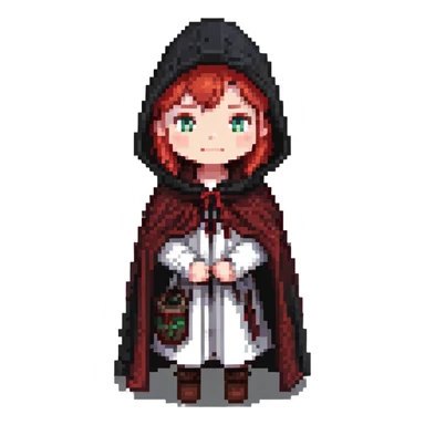 white-skinned girl with red hair wearing a black cloak with a hood sticker