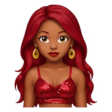 LaTavia Robeson with dark red long hair, red sequin crop top, red earring sticker
