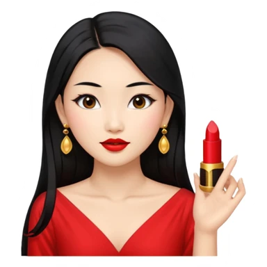30 yr old asian woman, middle parted straight long black hair, very pretty, fancy dress, earings, red lipstick sticker